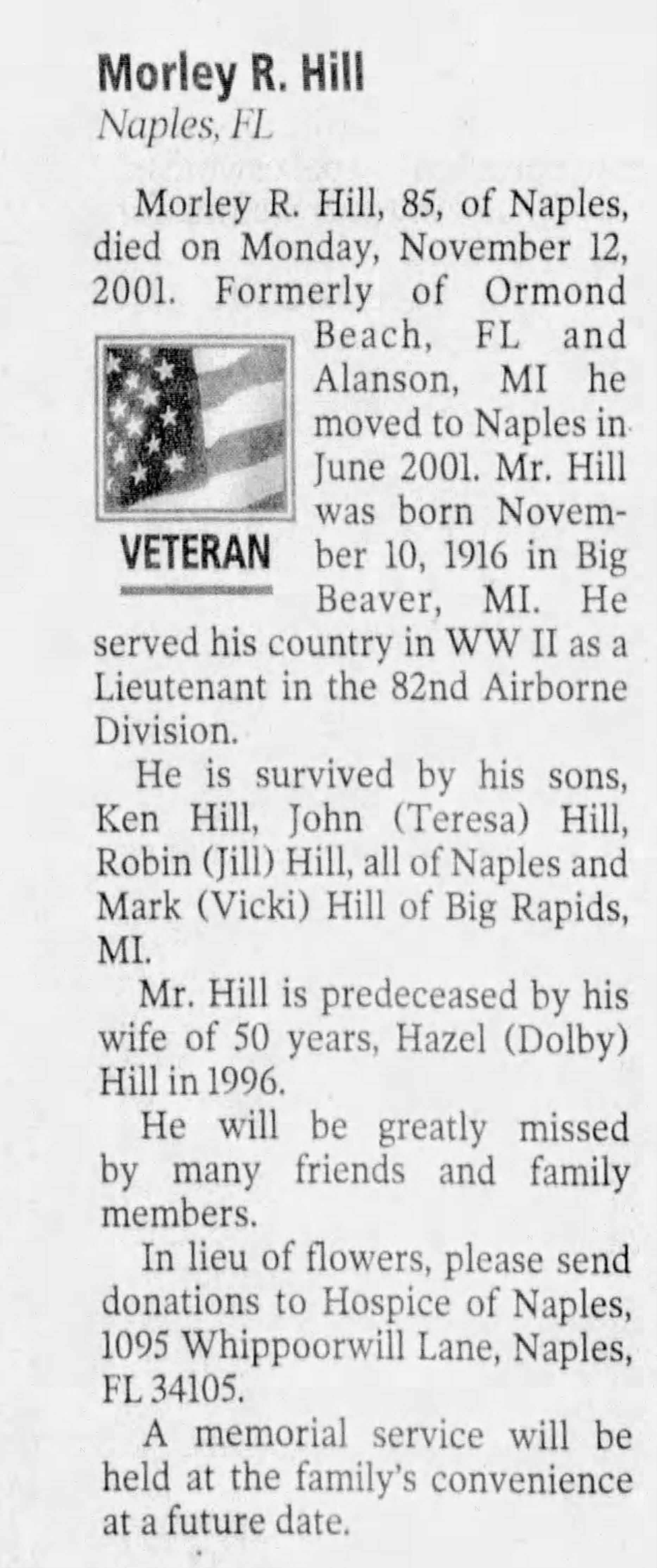 2nd Lt. Morley R. Hill, I company